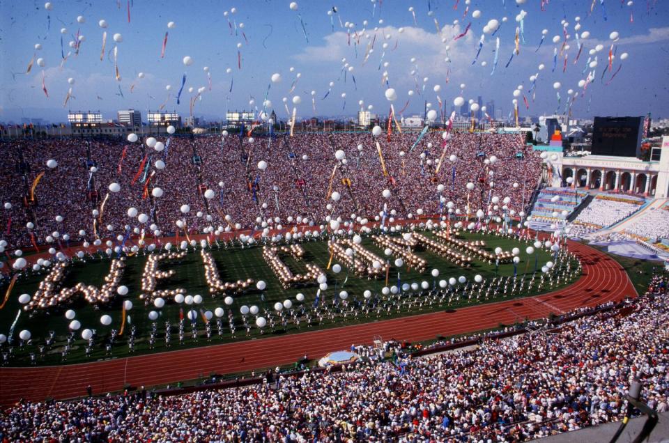 Scene at the Coliseum in Los Angeles during opening ceremonies of the 1984 Olympic Games.