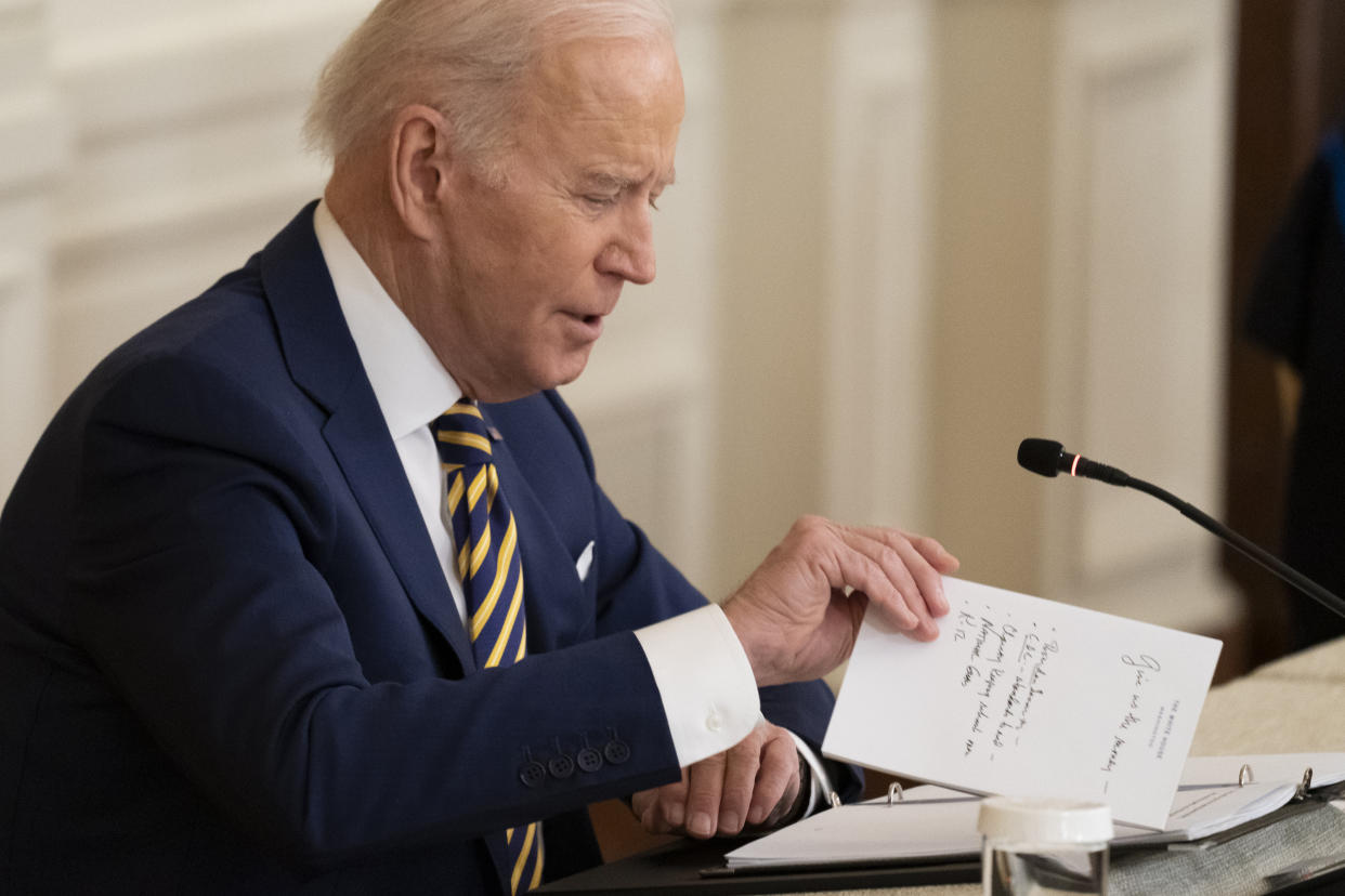 President Joe Biden speaks during a meeting with the National Governors Association in the East Room of the White House, Monday, Jan. 31, 2022, in Washington. (AP Photo/Alex Brandon)