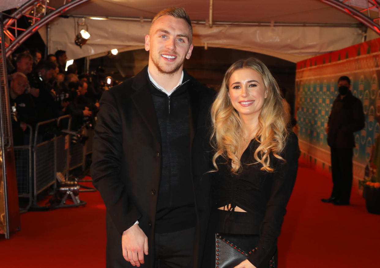 Dani Dyer, pictured with her fiance Jarrod Bowen, has shared that her contraceptive coil has 'gone missing'. (Getty Images)