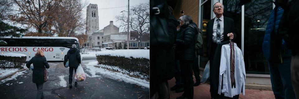 Left:&nbsp;Gary Benjamin, center, brings bags full of chips and sandwiches onto the bus before departing from Saint Paul's Episcopal Church in Cleveland Heights, Ohio.&nbsp; Right:&nbsp;Gary Benjamin looks on as he holds the extra clothes he and his wife, Melody Hart, brought Ansly Damus, after a continuance was issued in his asylum case.&nbsp; (Photo: Sean Proctor for HuffPost)