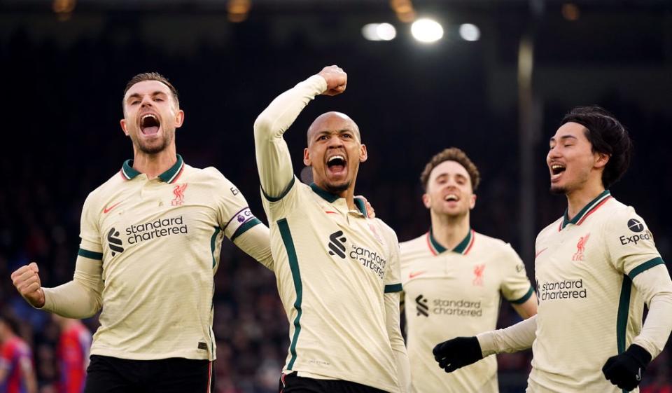 Liverpool’s Fabinho celebrates scoring his side’s third goal of the game against Crystal Palace (Adam Davy/PA) (PA Wire)