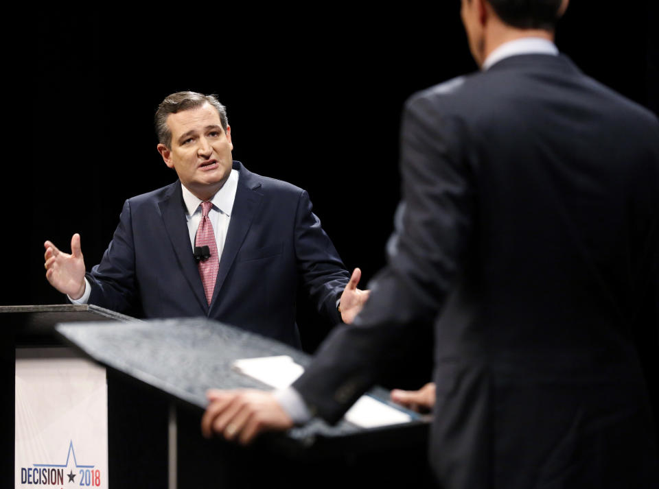 The fireworks began almost immediately onstage between Cruz, left, and O’Rourke at Southern Methodist University in Dallas, where the candidates met on Sept. 21, 2018, for the first of three scheduled debates in the coming weeks. (Photo: Tom Fox/Dallas Morning News via AP, Pool)