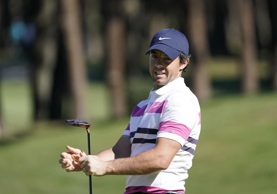 Rory McIlroy of Northern Ireland reacts after a putt on the 9th hole during the pro-am event of the Zozo Championship PGA Tour at Accordia Golf Narashino C.C. in Inzai, east of Tokyo, Japan, Wednesday, Oct. 23, 2019. (AP Photo/Lee Jin-man)