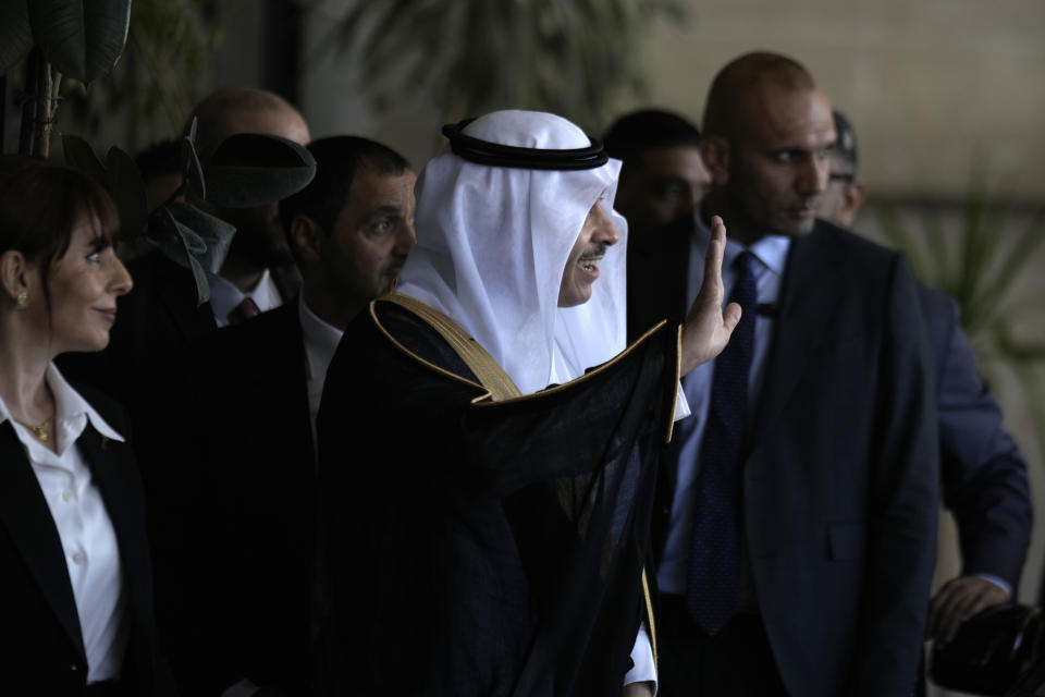 Nayef al-Sudairi, Saudi Arabia's the first-ever Saudi ambassador to the Palestinian Authority, arrives to present his credentials to the Palestinian Minister of Foreign Affairs and Expatriates, Dr. Riyad Al-Maliki, Ramallah, Tuesday, Sept. 26, 2023. Al-Sudairi visited the Palestinian territories Tuesday to discuss the burgeoning Saudi-Israeli normalization deal, which the kingdom has said will hinge on what concessions Israel is willing to grant the Palestinians. (AP Photo/Majdi Mohammed)