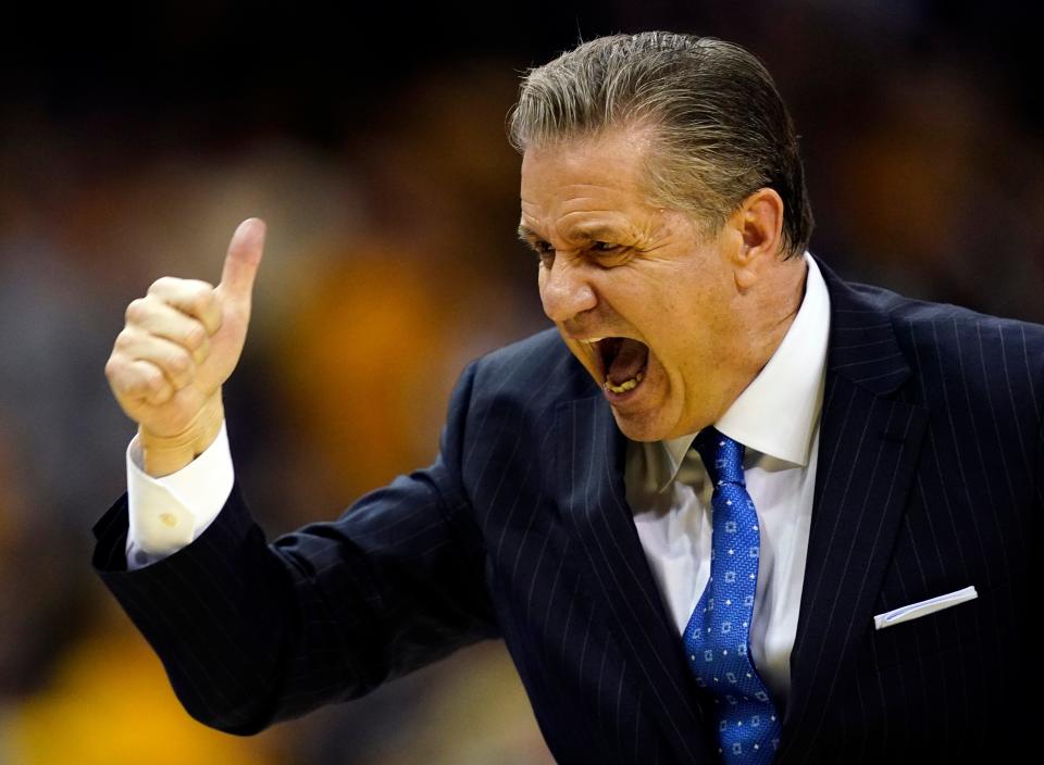 Dec 28, 2022; Columbia, Missouri, USA; Kentucky Wildcats head coach John Calipari reacts after a play during the second half against the Missouri Tigers at Mizzou Arena. Mandatory Credit: Jay Biggerstaff-USA TODAY Sports