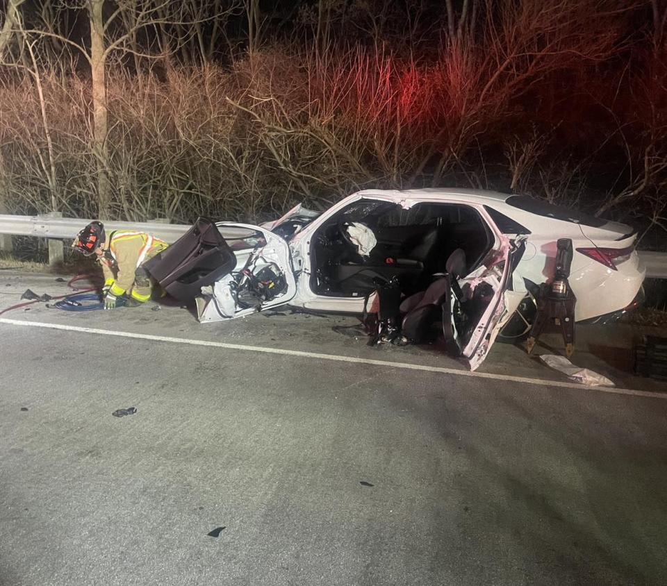 The Ohio State Highway Patrol responded to a crash after a sedan and a Ford pick-up truck collided, leaving three people injured late Thursday night.