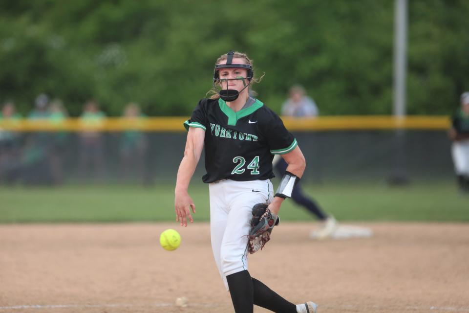 Yorktown softball sophomore Caitlin LaFerney hit a home run and pitched the final two innings against Bellmont in their regional championship game at Yorktown Sports Park on Tuesday, May 31, 2022.