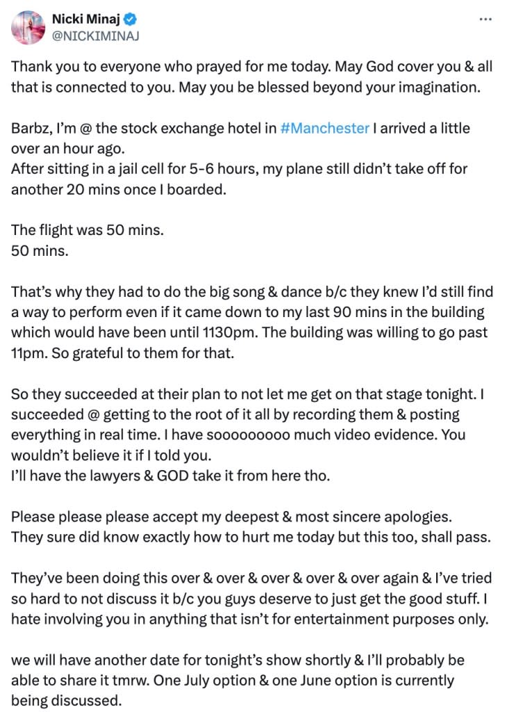 “I’ll have the lawyers & GOD take it from here tho,” declared Minaj while threatening to take legal action against Amsterdam police. NICKIMINAJ/X