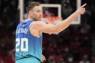 Charlotte Hornets forward Gordon Hayward reacts after making a three point basket during the first half of an NBA basketball game against the Houston Rockets, Saturday, Nov. 27, 2021, in Houston. (AP Photo/Eric Christian Smith)