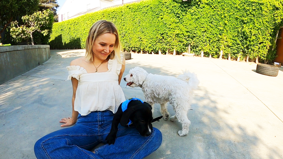 "The Good Place" actress Kristen Bell, left, with Java and her dog Frank.