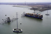 In this aerial image released by the Maryland National Guard, the cargo ship Dali is stuck under part of the structure of the Francis Scott Key Bridge after the ship hit the bridge, Tuesday, March 26, 2024, in Baltimore. (Maryland National Guard via AP)