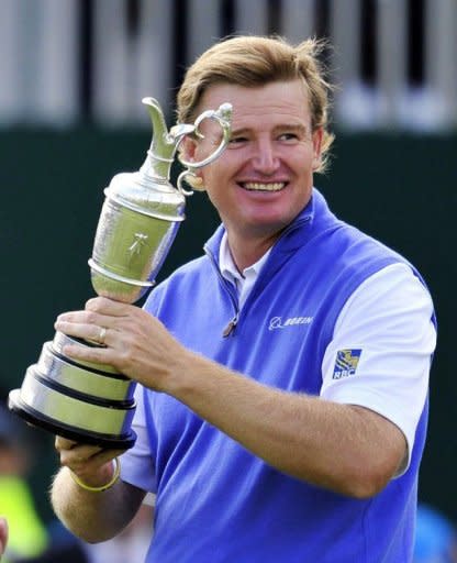 Ernie Els of South Africa holds the Claret Jug, 'The Golf Champion Trophy' after winning the 2012 Open Championship at Royal Lytham and St Annes in Lytham, north-west England. Els won the championship with a score of 273, one shot clear of Adam Scott of Australia