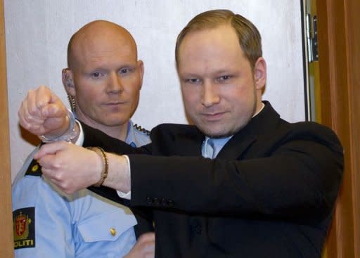 Norwegian right-wing extremist Anders Behring Breivik (right), 32, arrives on February 6 at a court in Oslo for a hearing on his detention. Breivik, who is set to go on trial on April 16 for killing 77 people in Norway last July, said in a letter published Wednesday that being sentenced to psychiatric care would be the worst fate imaginable