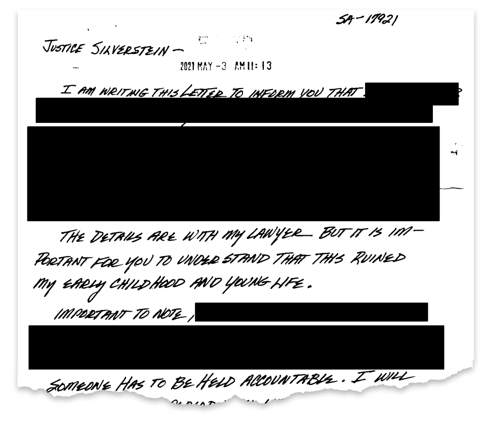 One of hundreds of letters sent to Judge Laurie Silverstein in the Boy Scouts bankruptcy case depicting stories of sexual abuse. The redactions have led some survivors to feel they are being censored.