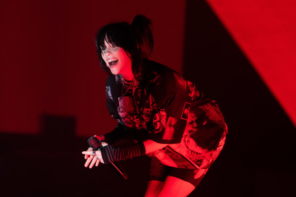 GLASTONBURY, ENGLAND - JUNE 24: Billie Eilish performs on the Pyramid Stage during day three of Glastonbury Festival at Worthy Farm, Pilton on June 24, 2022 in Glastonbury, England. (Photo by Joseph Okpako/WireImage)