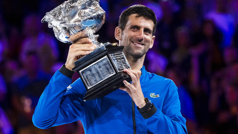 Novak Djokovic is pictured after winning the men's singles at the 2019 Australian Open.