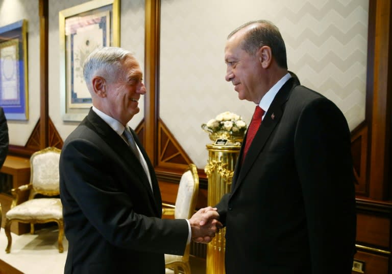 Turkish President Recep Tayyip Erdogan (R) greets US Defense Secretary James Mattis, in Ankara for talks focussed on US arming of a Syrian Kurdish militia, which Turkey views as a terror group. Picture by Turkish Presidential press service