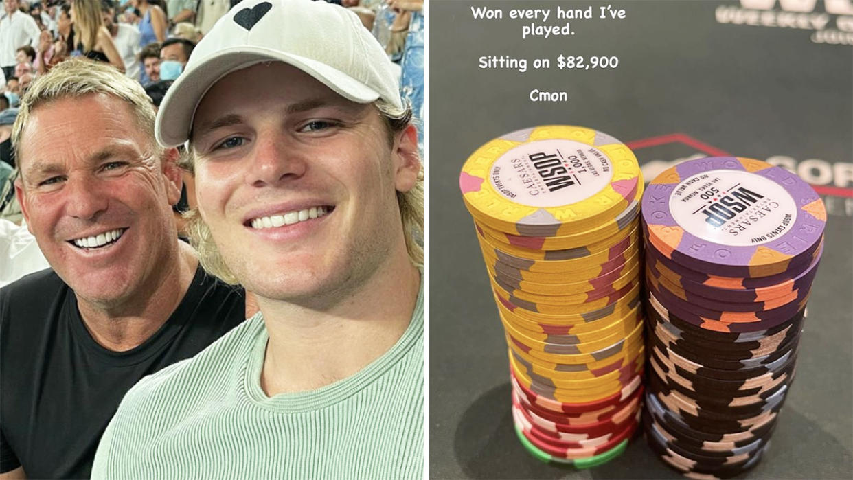 Shane Warne and his son Jackson had long planned to enter the World Series of Poker in Las Vegas together, a dream the latter fulfilled this week. Pictures: Instagram