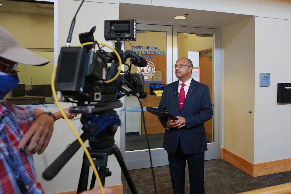 Third Judicial District Attorney Gerald Byers waits for television news crews to get ready just before a press conference on July 20, 2021.