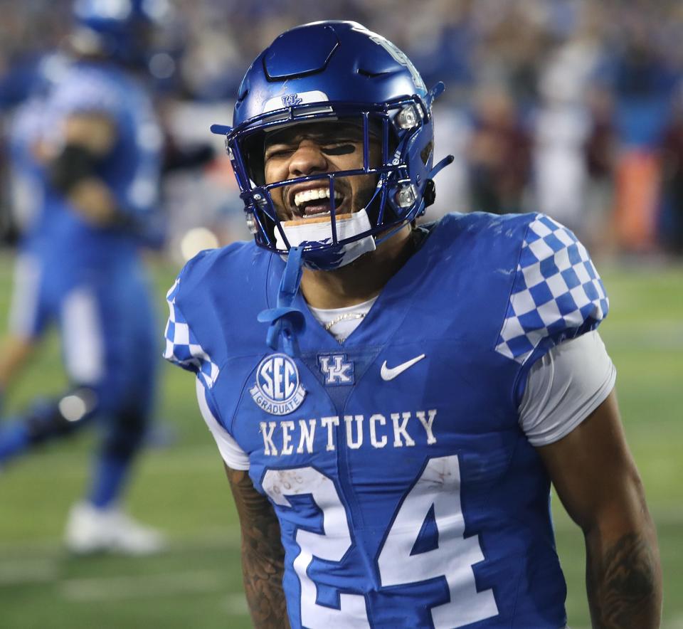 Kentucky’s Chris Rodriguez Jr. celebrates his touchdown run against Mississippi State.Oct. 15, 2022