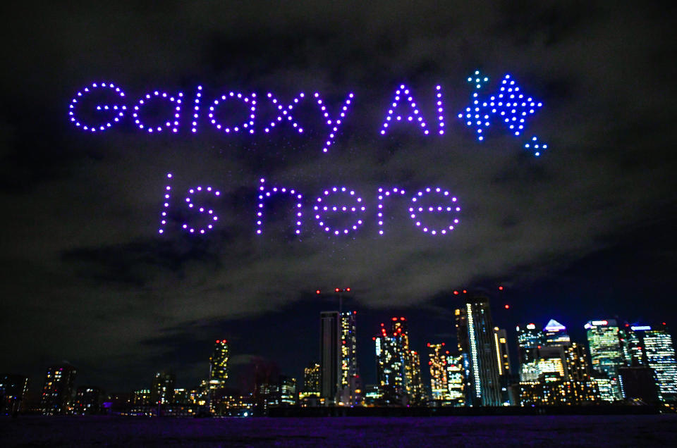 LONDON, ENGLAND - JANUARY 17: London’s skyline is lit up with an epic drone show to celebrate the launch of the new Samsung Galaxy S24 device featuring Galaxy AI technology at Magazine London on January 17, 2024 in London, England. Visuals of the solar system, planets and a spaceship were depicted using 550 drones, signifying the infinite possibilities that come with artificial intelligence. (Photo by Joe Maher/Getty Images for Samsung)