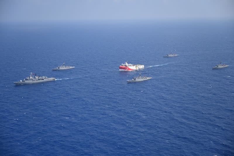 Turkish seismic research vessel Oruc Reis is escorted by Turkish Navy ships as it sets sail in the Mediterranean Sea