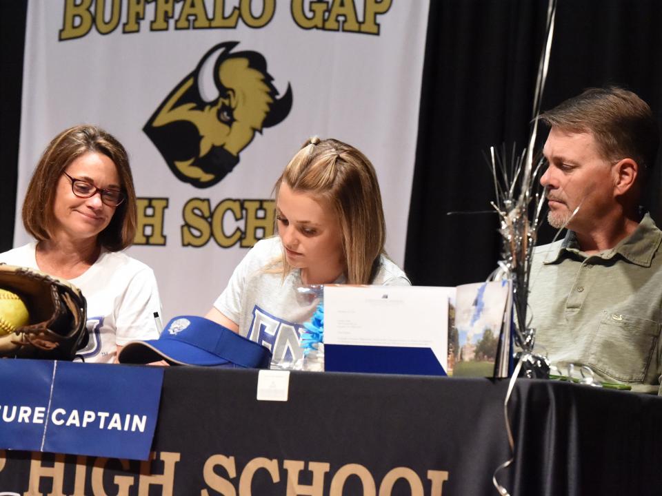 Caroline Alger, center, is headed to Christopher Newport University in Newport News to continue her academic and athletic career.