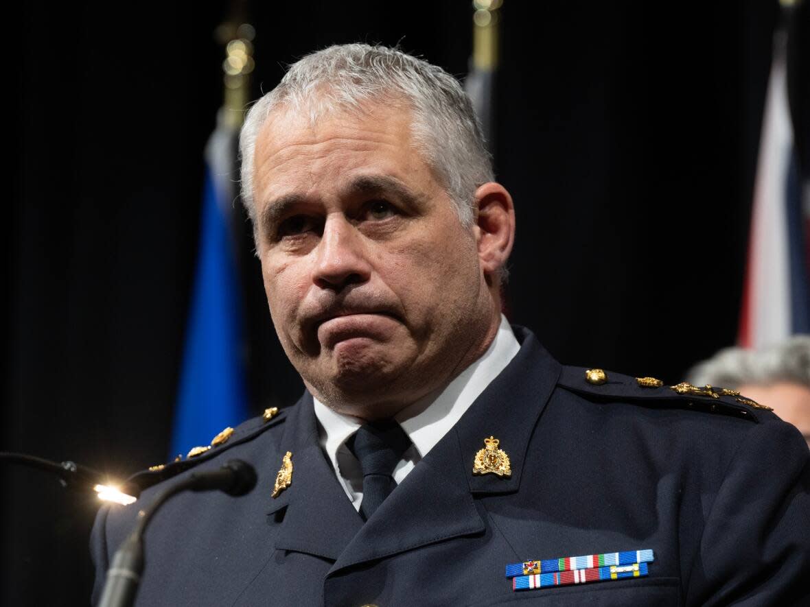 RCMP Commissioner Mike Duheme speaks during a news conference at a national summit on auto theft in Ottawa on Thursday, Feb. 8, 2024.  (Adrian Wyld/The Canadian Press - image credit)