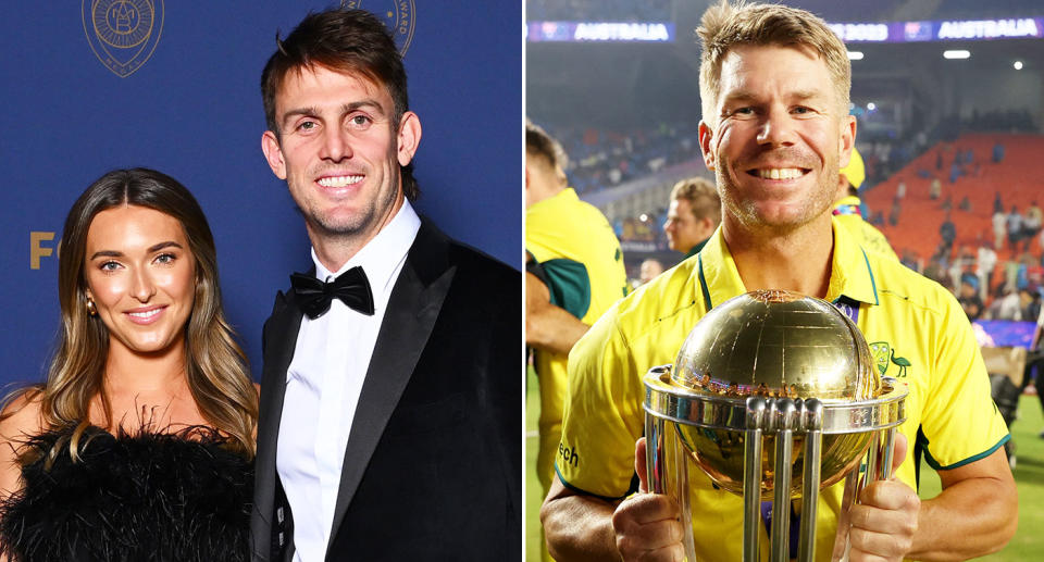 Pictured left is Mitch Marsh and veteran Aussie cricket star David Warner on right.