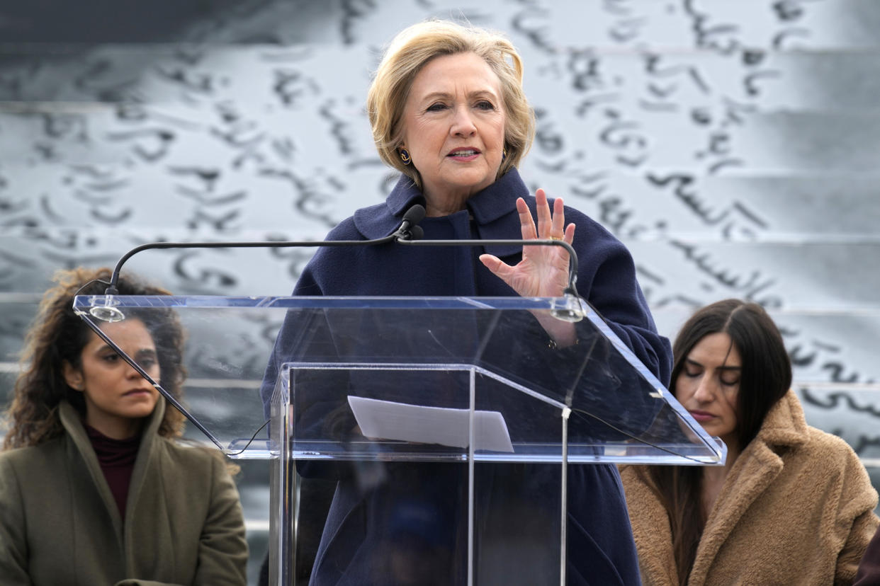 Former Secretary of State Hillary Clinton speaks at a press preview of an art installation entitled 