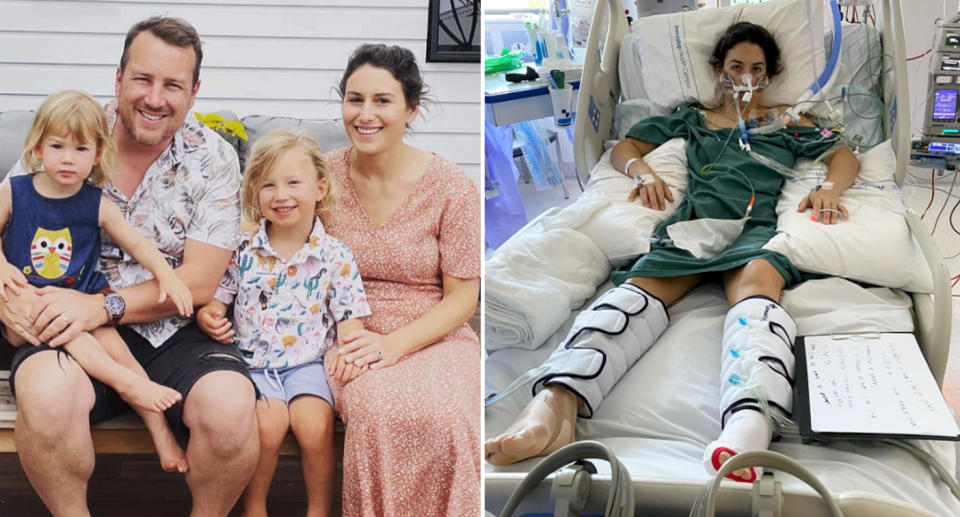 Mum Chanelle Moles with her husband and kids and in hospital during treatment. 