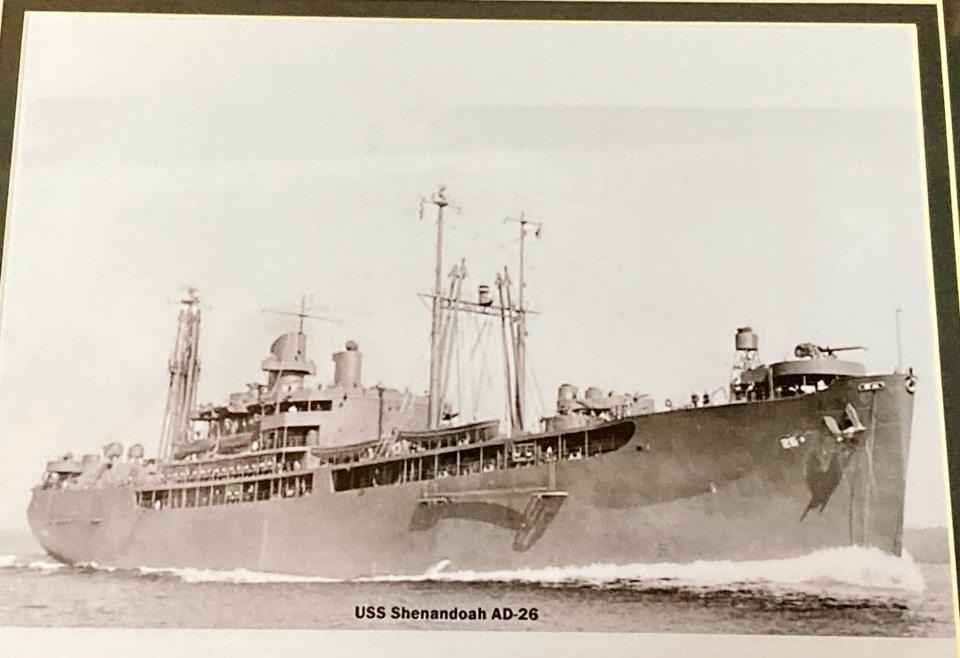 A photo of the USS Shenandoah AD-26 hangs in the Pennesi home. Mario Pennesi, now 104, was assigned to the Shenandoah after World War II and was on it when it sailed to the Panama Canal, said his son, John Pennesi.