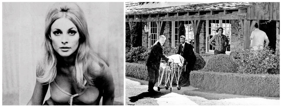 FILE - This combination of file photos shows actress Sharon Tate, left, and at right, her body being taken from her rented house in the Bel-Air area of Los Angeles on Aug. 9, 1969. Tate, a model and rising film star after her breakout role in the 1966 film, "Valley of the Dolls," was eight months pregnant when she and four others were found murdered by cult-leader Charles Manson and his followers. Fifty years ago, Manson dispatched a group of disaffected young followers on a two-night killing rampage that terrorized Los Angeles and, in the years since, has come to represent the face of evil. (AP Photo/Files)