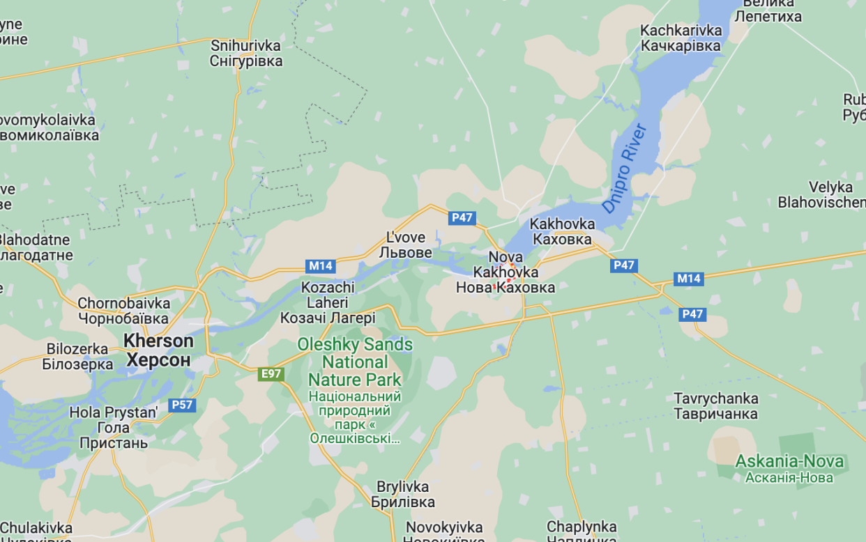 A map showing the location of Nova Kakhovka (Google Maps)
