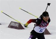 Germany's Evi Sachenbacher-Stehle skis during the women's biathlon 7.5km sprint event at the Sochi 2014 Winter Olympics in Rosa Khutor, in this picture taken February 9, 2014. REUTERS/Sergei Karpukhin