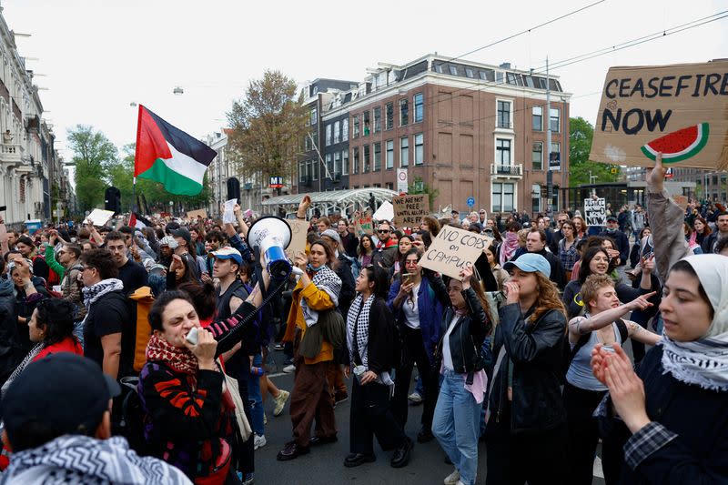 Students and employees of the University of Amsterdam protest against the ongoing conflict between Israel and the Palestinian Islamist group Hamas in Gaza, in Amsterdam