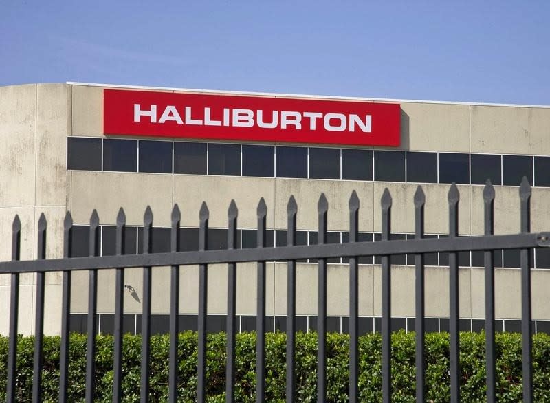 The company logo of Halliburton oilfield services corporate offices is seen in Houston, Texas April 6, 2012. REUTERS/Richard Carson