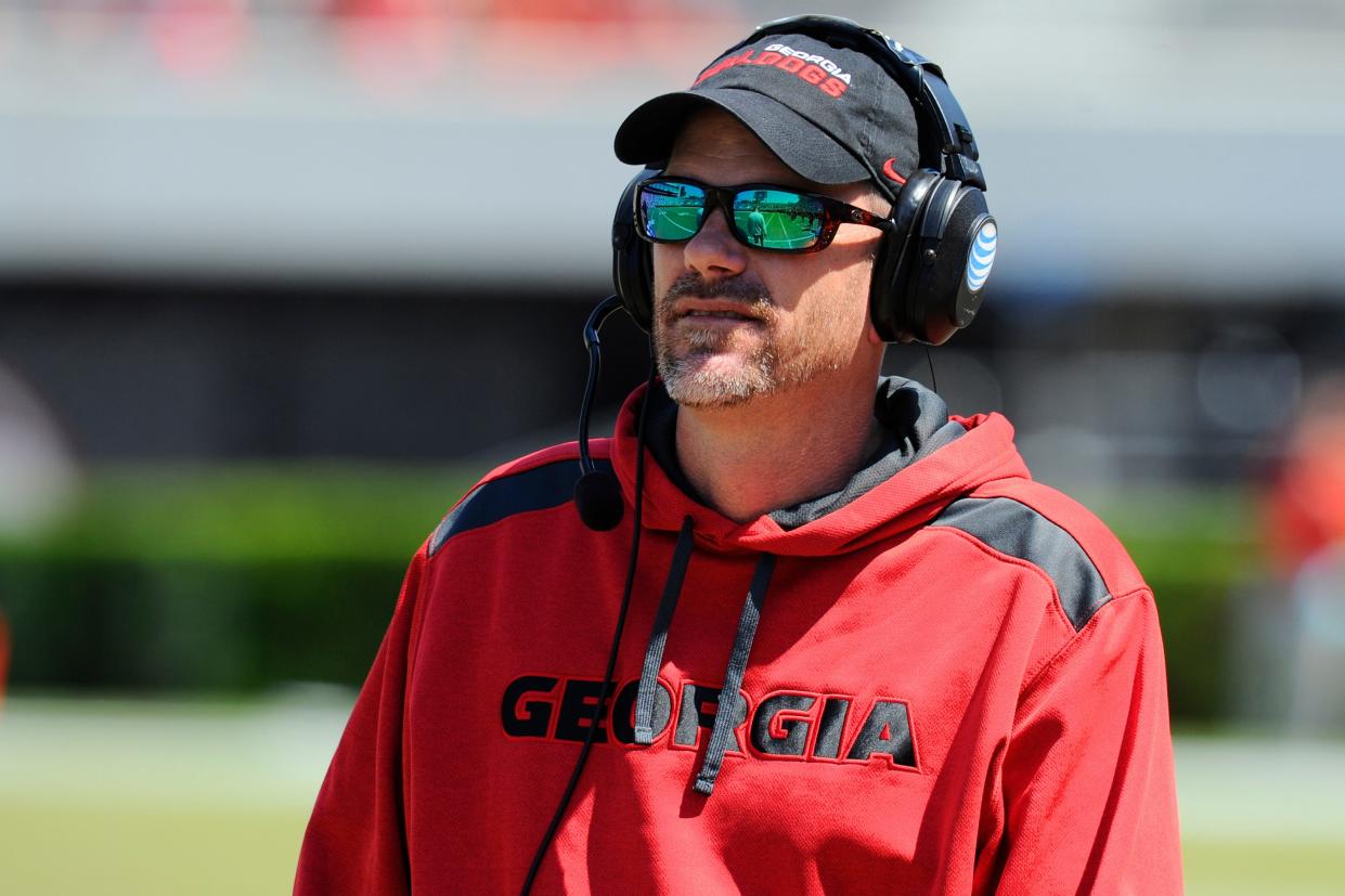 Apr 12, 2014; Athens, GA, USA; Georgia Bulldogs offensive coordinator Mike Bobo looks on from the sideline during the second half of the Georgia Spring Game at Sanford Stadium. The Red team won 27-24. Dale Zanine-USA TODAY Sports