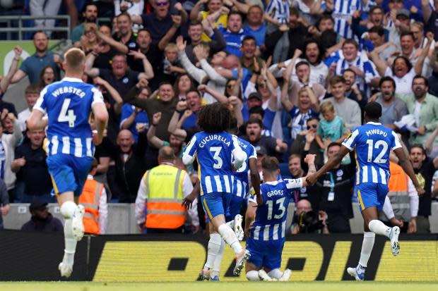 Brighton players and fans celebrate after Pascal Gross scored against West Ham