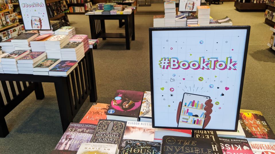 A table displays signs with #BookTok, at a Barnes & Noble in Scottsdale, Ariz., Thursday, Sept. 2, 2021. - Tali Arbel/AP