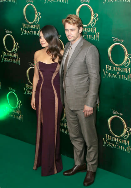 <b>Mila Kunis and James Franco at the Russian premiere, Feb 2013 <br></b><br>James Franco joined leading lady Mila Kunis in a grey Gucci suit and sporting new blonde hair.<br><br>Image © AP