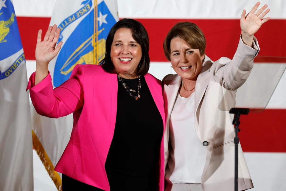 Massachusetts Governor-elect, Maura Healey, right, and Lt. Governor-elect Kim Driscoll stand on stage during a Democratic election night party, Tuesday, Nov. 8, 2022, in Boston.