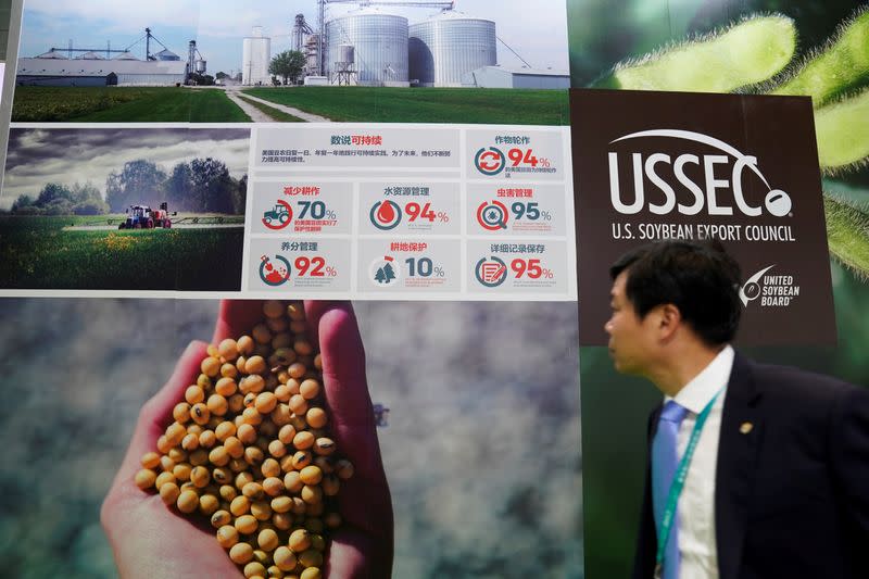 FILE PHOTO: A stall of U.S. Soybean Export Council is seen during the China International Import Expo (CIIE), at the National Exhibition and Convention Center in Shanghai