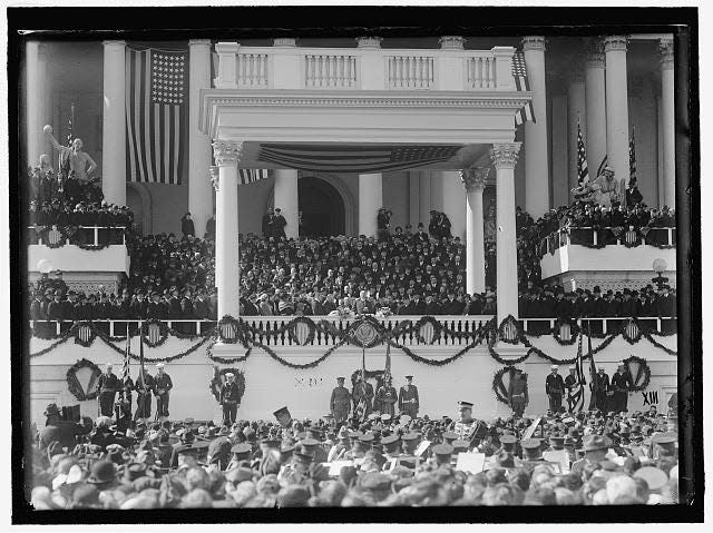 President Warren Harding, middle, address the crowd during his inauguration speech in 1921.