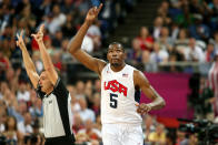 LONDON, ENGLAND - AUGUST 12: Kevin Durant #5 of the United States celebrates making a three point shot during the Men's Basketball gold medal game between the United States and Spain on Day 16 of the London 2012 Olympics Games at North Greenwich Arena on August 12, 2012 in London, England. (Photo by Christian Petersen/Getty Images)