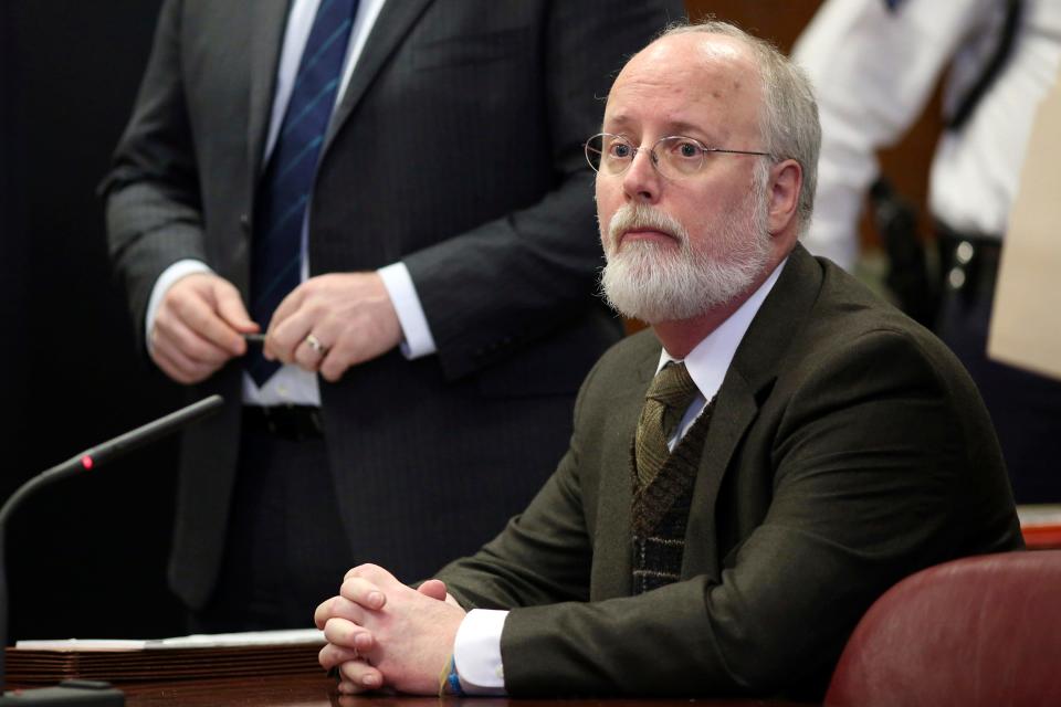 FILE - Robert Hadden appears in Manhattan Supreme Court, Feb. 23, 2016, in New York. A federal judge has given a 20-year sentence to the gynecologist who sexually abused dozens of patients for over two decades at prestigious New York hospitals. The judge says Hadden's crimes were shocking and unprecedented. (Alec Tabak via AP, File)