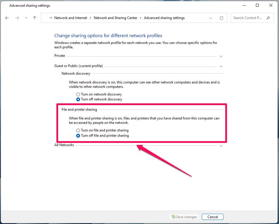 Filer and Printer sharing settings in Windows Control Panel