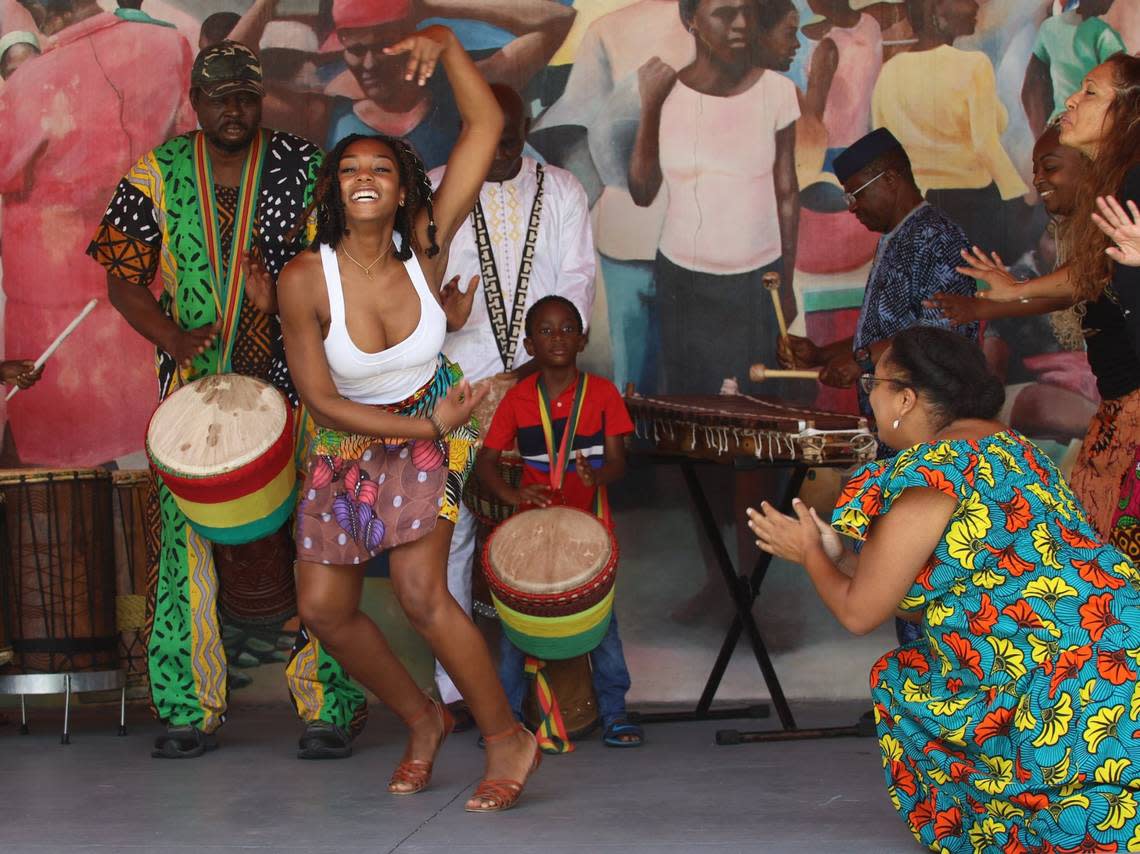 Delou Africa Dance Ensemble member Asha Dorsey (left) performs during a video taping for Brooklyn Academy of Musics Dance Africa Festival, a virtual dance festival performance this year celebrates the ancestral energy of Haiti, in Miami, Florida on Sunday, May 16, 2021.