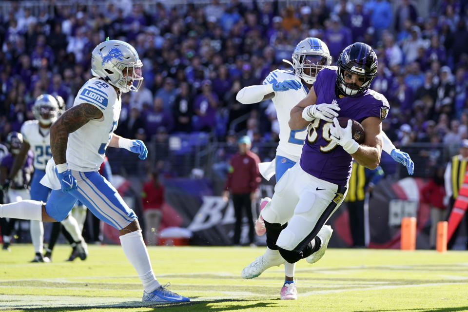 Baltimore Ravens tight end Mark Andrews (89) falls into the endzone after an 8-yard reception for a touchdown during the second half of an NFL football game against the Detroit Lions, Sunday, Oct. 22, 2023, in Baltimore. (AP Photo/Alex Brandon)