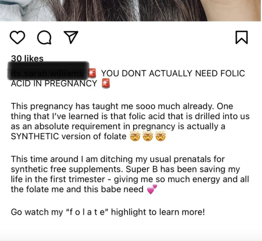 Text claiming that you don't need folic acid in pregnancy and it's actually a synthetic form of folate, so they're ditching their prenatals for synthetic free supplements, Super B